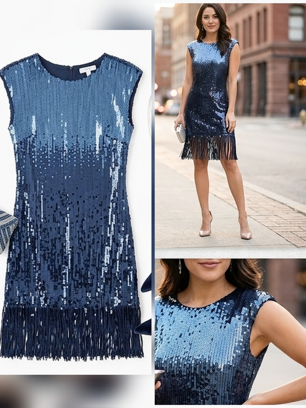 Joie Navy Sequin Fringe Mini Dress Sleeveless, classic sheath